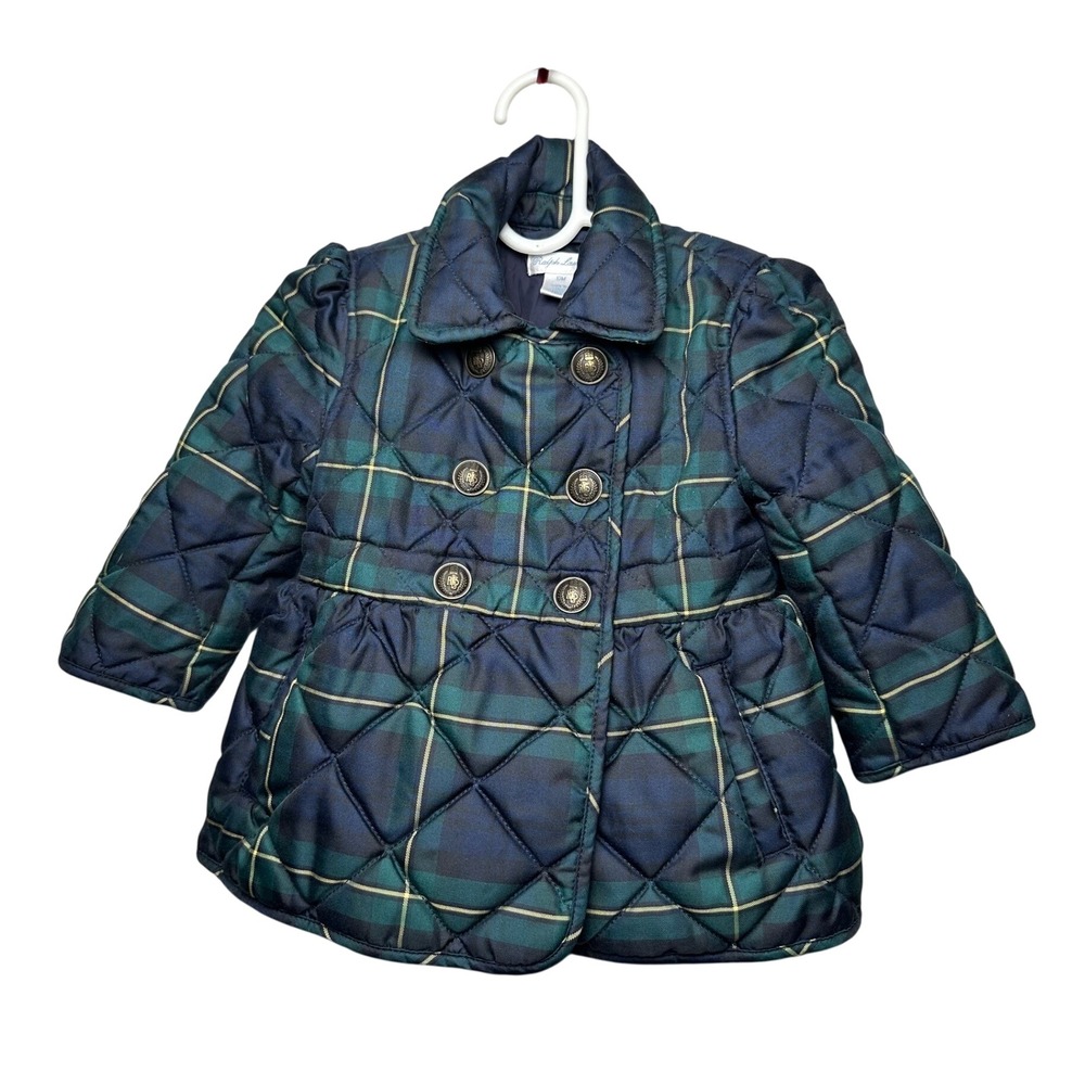 Ralph Lauren Baby Girls Blackwatch Plaid Quilted Peplum Jacket Navy Green 12M